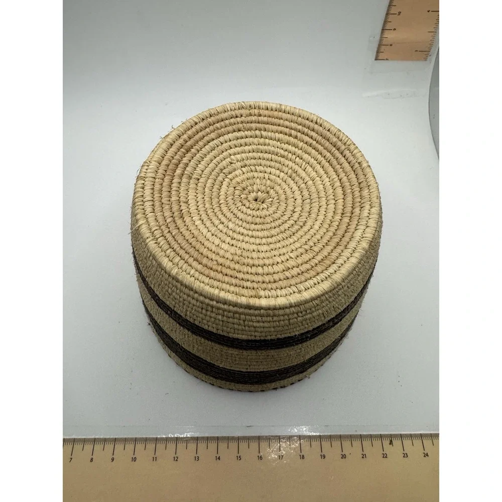 Handwoven Coiled Striped Basket Natural Fiber Boho Tribal Decor Brown Beige 7.5
